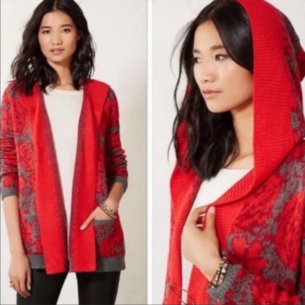 Anthropologie Sparrow Red & Grey Floral Hooded Maraschino Cardigan Sweater S